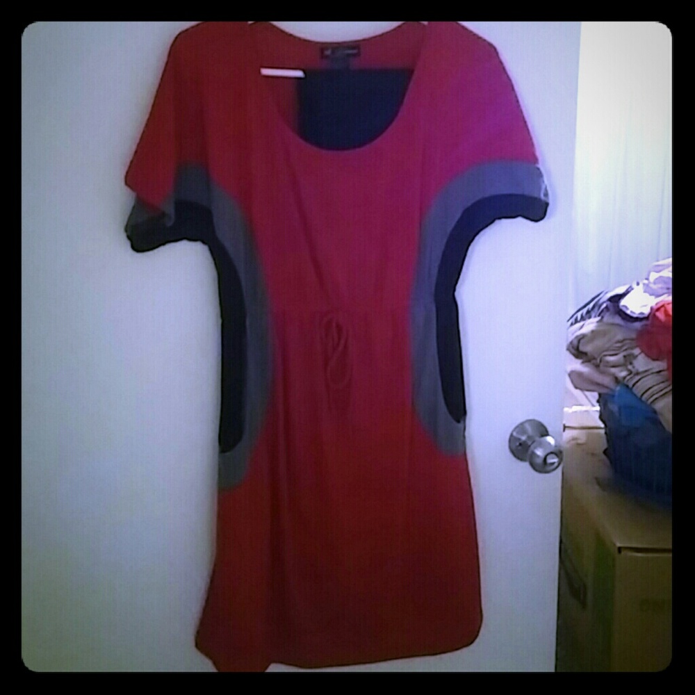 Red, black, and gray dress with black leggings